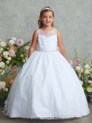 Girl's Dress Style 5866_Illusion Neckline Glitter Floral Overlay Dress with Train