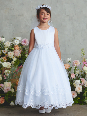 Girl's Dress Style 5894 - Satin Bodice with Lace Applique Waist and Double Layered Mesh Skirt