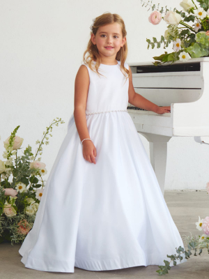 Girl's Dress Style 5900 - White All Satin Dress with a Pearl and Rhinestone Waist Detail