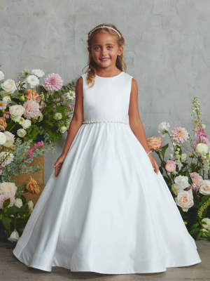 Girl's Dress Style 5900 - Ivory All Satin Dress with a Pearl and Rhinestone Waist Detail