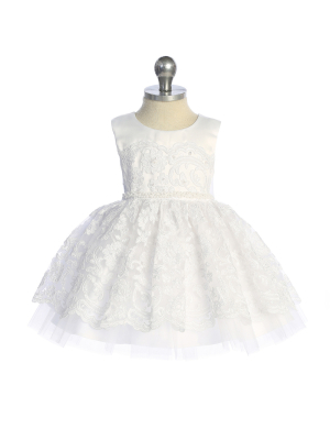 Girl's Dress Style 5908S - Baby All-Lace Dress with a Braided Pearl Waist Sash