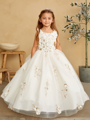 Champagne 3D Floral Detail Dress with Mesh Overlay Skirt