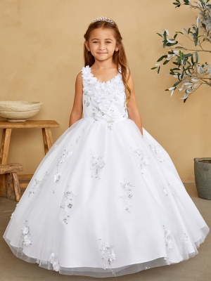 White 3D Floral Detail Dress with Mesh Overlay Skirt
