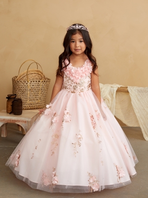 Blush 3D Floral Detail Dress with Mesh Overlay Skirt