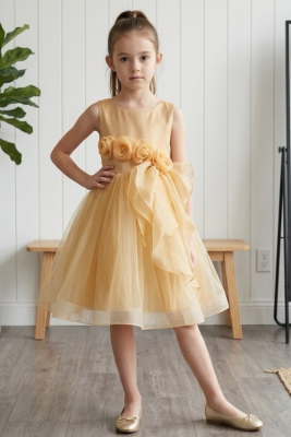 Girls Dress Style 9128 - Champagne Sleeveless Tulle Dress with 3D Rosette Waist