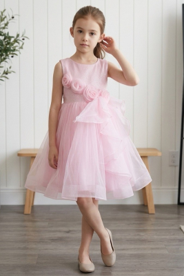 Girls Dress Style 9128 - Pink Sleeveless Tulle Dress with 3D Rosette Waist