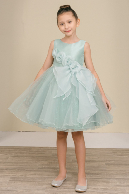 Girls Dress Style 9128 - Sage Sleeveless Tulle Dress with 3D Rosette Waist