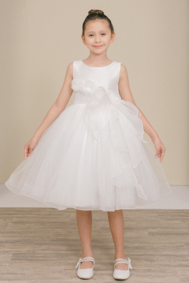 Girls Dress Style 9128 - White Sleeveless Tulle Dress with 3D Rosette Waist