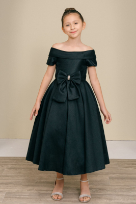 Girls Dress Style 9177 - Black Off-the-Shoulder Satin Dress with Rhinestone Bow