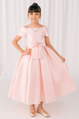 Girls Dress Style 9177 - Blush Off-the-Shoulder Satin Dress with Rhinestone Bow