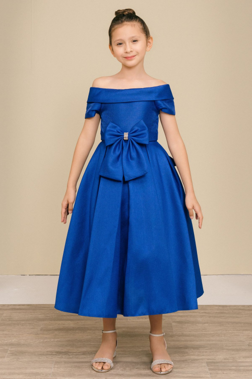CC_9177_Royal_Blue - Girls Dress Style 9177 - Royal Blue Off-the-Shoulder Satin Dress with Rhinestone Bow - Royal Blue - Flower Girl Dresses