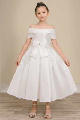 Girls Dress Style 9177 - White Off-the-Shoulder Satin Dress with Rhinestone Bow