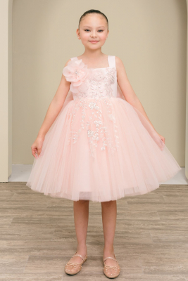 Girls Dress Style 9178 - Blush Floral Embroidered Tulle Dress with Detachable Bow and Ruffle Back