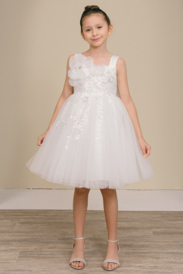 Girls Dress Style 9178 - White Floral Embroidered Tulle Dress with Detachable Bow and Ruffle Back