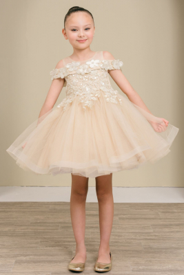 Girls Dress Style 9183 - Champagne Off-Shoulder 3D Daisy Tulle Dress