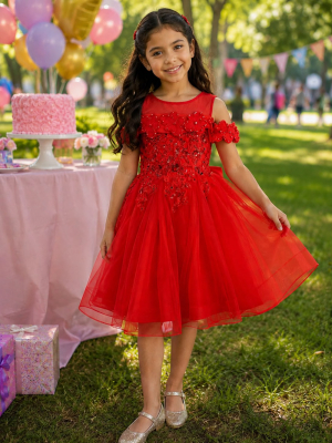 Girls Dress Style 9183 - Red Off-Shoulder 3D Daisy Tulle Dress