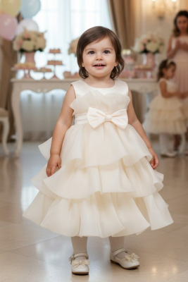 Girls Dress Style 9190B - Champagne Baby Satin & Organza Tiered Bow Dress