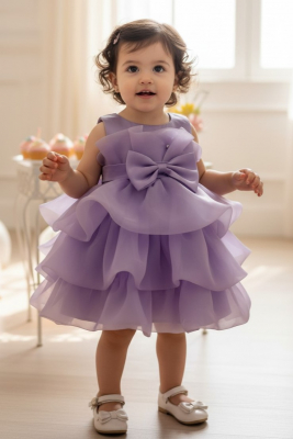 Girls Dress Style 9190B - Lilac Baby Satin & Organza Tiered Bow Dress