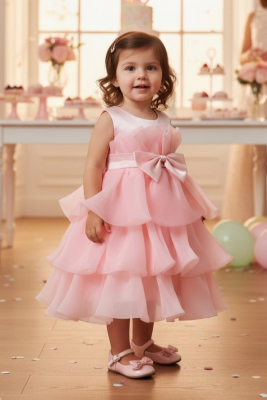 Girls Dress Style 9190B - Peach Baby Satin & Organza Tiered Bow Dress