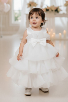 Girls Dress Style 9190B - White Baby Satin & Organza Tiered Bow Dress