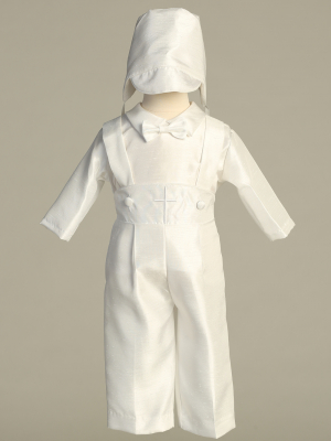Boys Christening Set AUSTIN - White Suspender Pant Set with Embroidered Cross