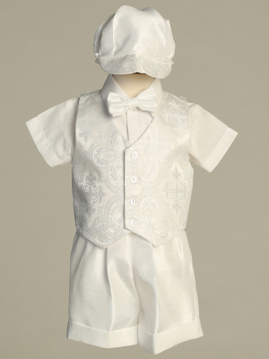Boys Christening Set BARNABY - White Jacquard Vest & Shantung Short Set