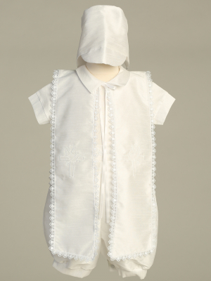 Boys Christening Set BRUNO - White Poly Silk Romper with Embroidered Cross & Dove Shawl Set