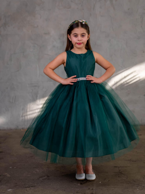 Hunter Green Sleeveless Satin and Organza Dress with Embellished Rhinestone Waist