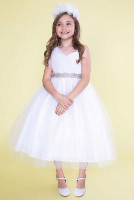 Girls Dress Style D766 - WHITE Short Dress with Draped Shoulder