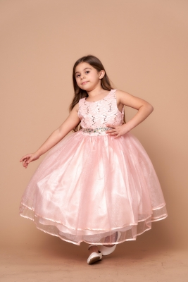 Girls Dress Style D-813 - BLUSH - Rhinestone Lace Dress with Glitter Tulle