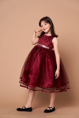 Girls Dress Style D-813 - BURGUNDY - Rhinestone Lace Dress with Glitter Tulle