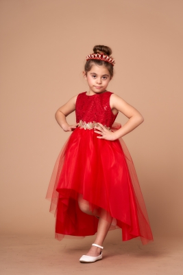 Red High-Low Dress with Floral Sequin Top and Waist Details
