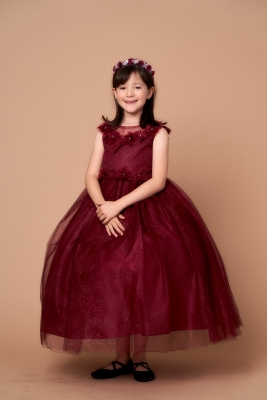 Burgundy Flower Adorned Dress with Sparkle Tulle Skirt
