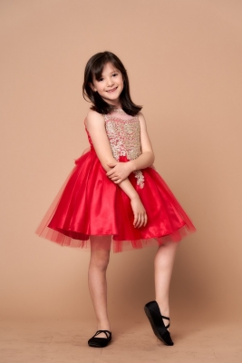 Red Dress with Gold Embellishments and Illusion Neckline