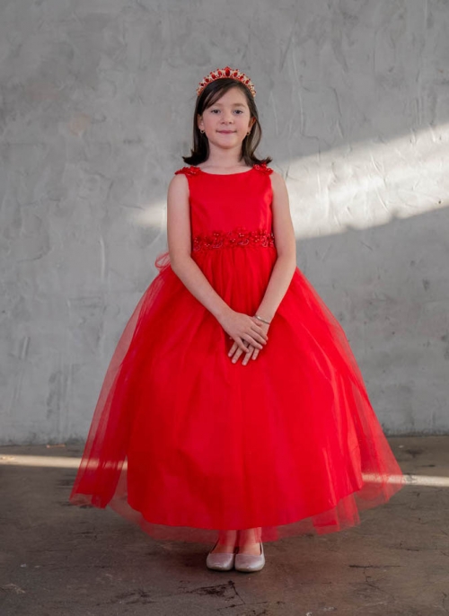 CA_D831_RD Red Tulle Dress with Floral Details Sizes 1-6X