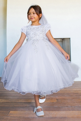 Communion Beaded Floral Puff Sleeve Dress