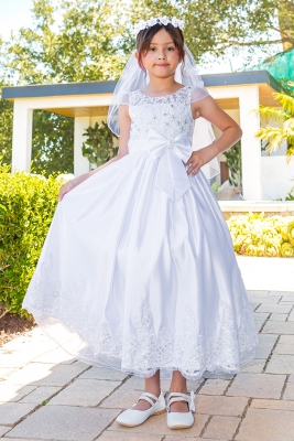 Cap Sleeve Communion Dress with Lace and Bead Details
