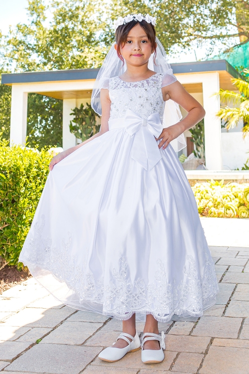 Cap Sleeve Communion Dress with Lace and Bead Details