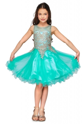Girls Dress Style 5017 - Aqua Sleeveless Gold Embellished Short Party Dress