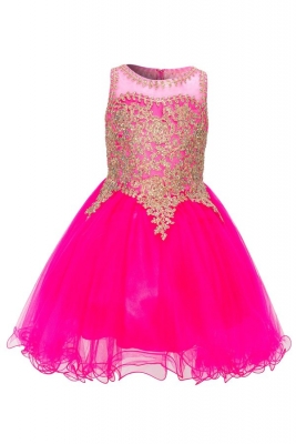 Girls Dress Style 5017 - Fuchsia Sleeveless Gold Embellished Short Party Dress