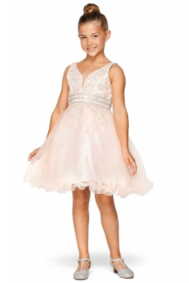 Dusty Pink Elegant Floral and Rhinestone Tulle and Satin Dress