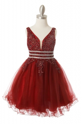 Burgundy Elegant Floral and Rhinestone Tulle and Satin Dress