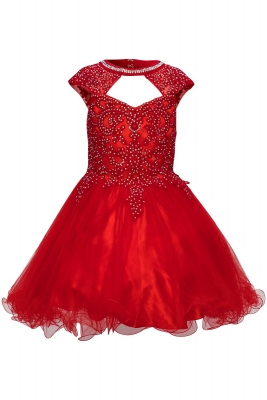 Red Stone Adorned Halter and Cap Sleeve Dress