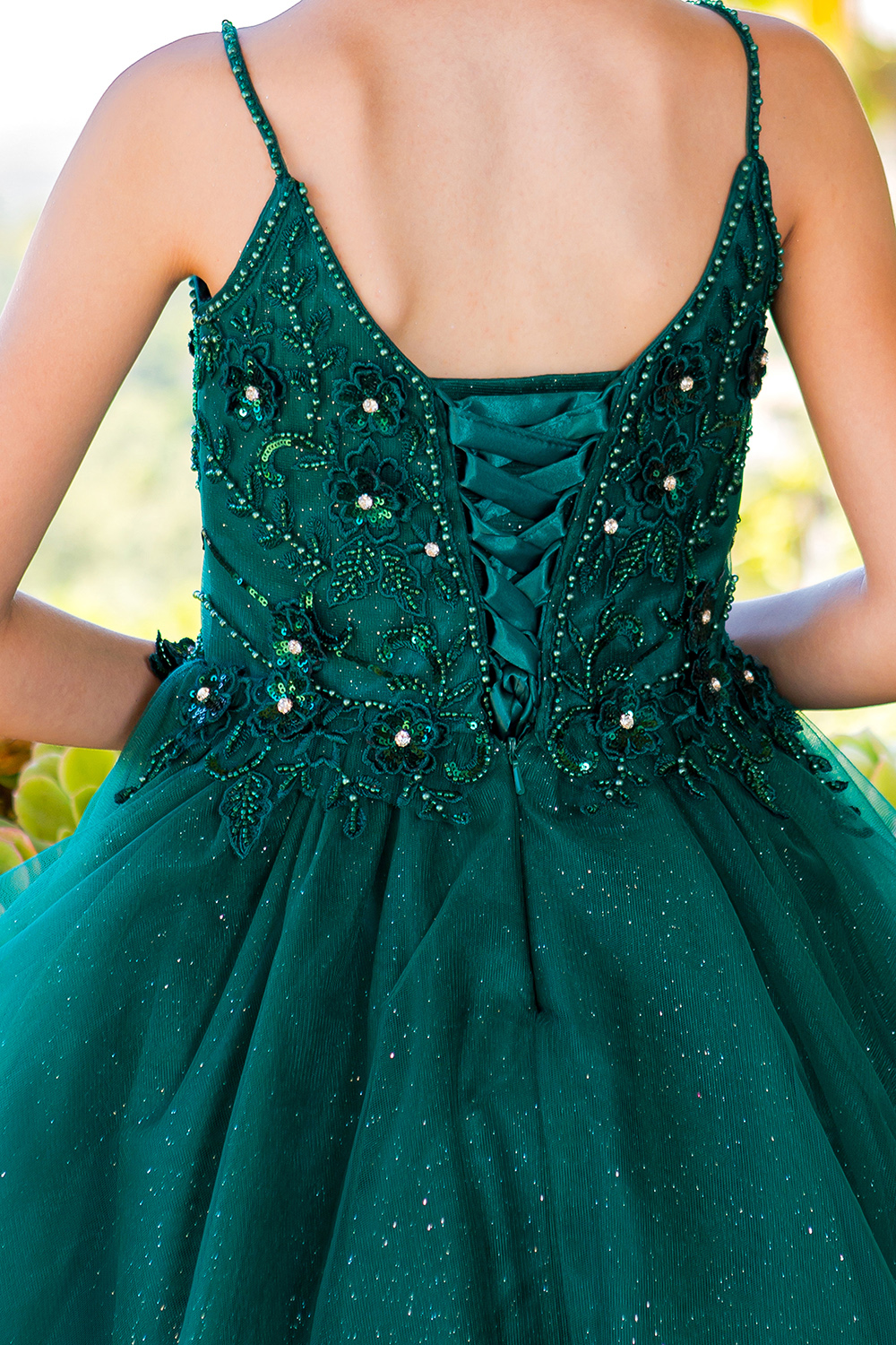 CC_5112HG - Hunter Green A-Line Beaded Floral Dress with