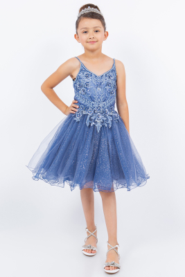 Smokey Blue A-Line Beaded Floral Dress with Wired Tulle Skirt
