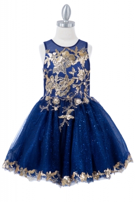 Navy and Gold Sequin Glittered Tulle Dress