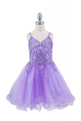 Lilac Double Spaghetti Strap Rhinestone Embroidered Applique Tulle Dress