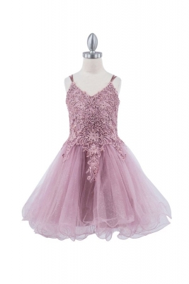 Mauve Double Spaghetti Strap Rhinestone Embroidered Applique Tulle Dress