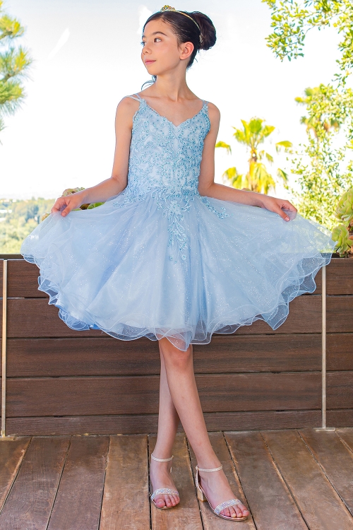 CC 5125BU Blue Double Spaghetti Strap Rhinestone Embroidered Applique Tulle Dress Cinderella Couture Flower Girl Dresses Flower Girl Dress For Less
