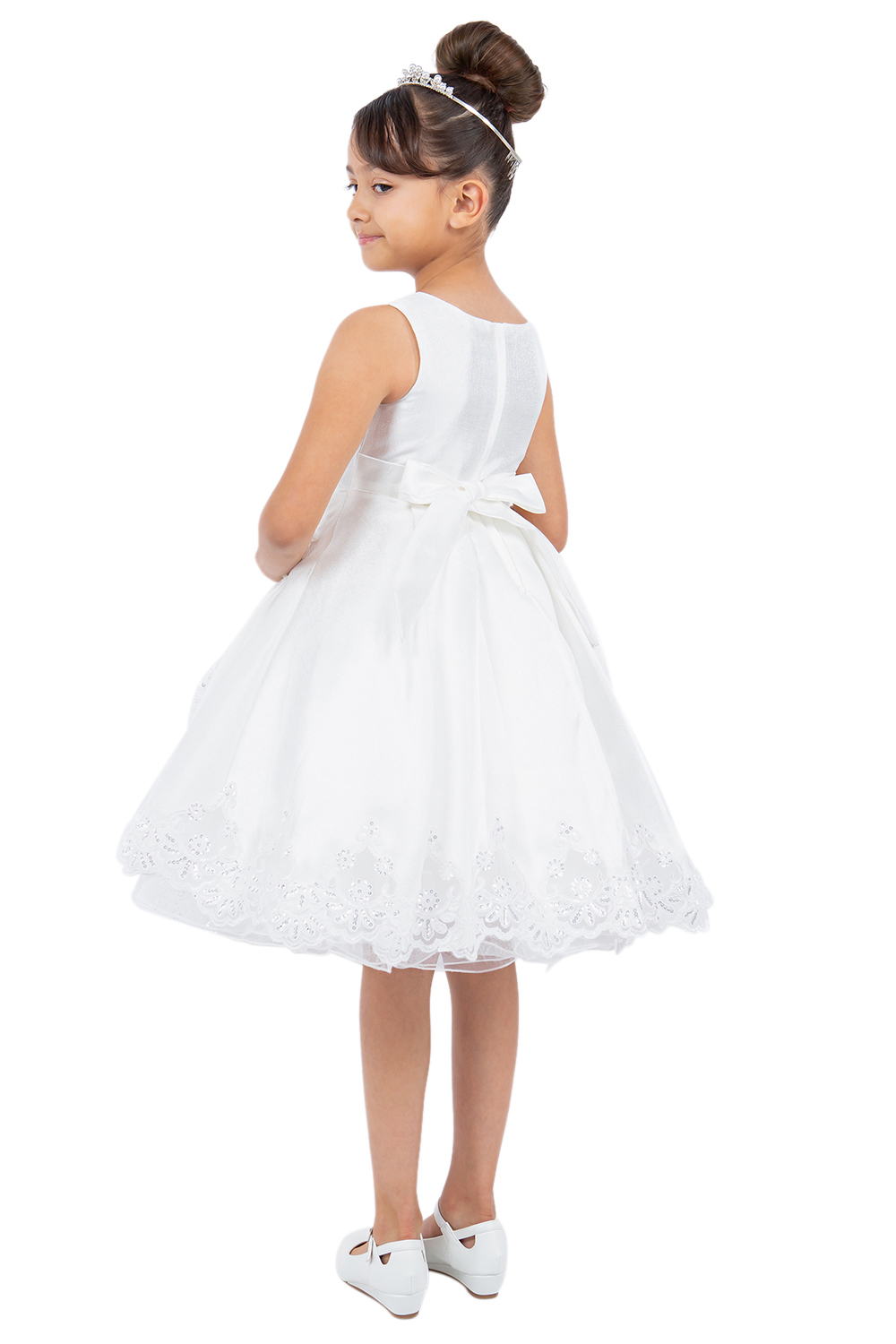 CC_5127_OW - Off White Satin Dress with Crochet Lace Details